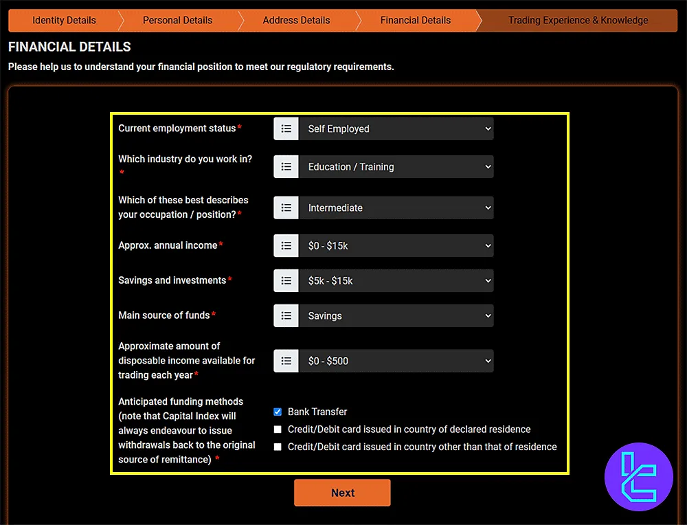 Enter your address and financial details to continue the Capital Index broker registration
