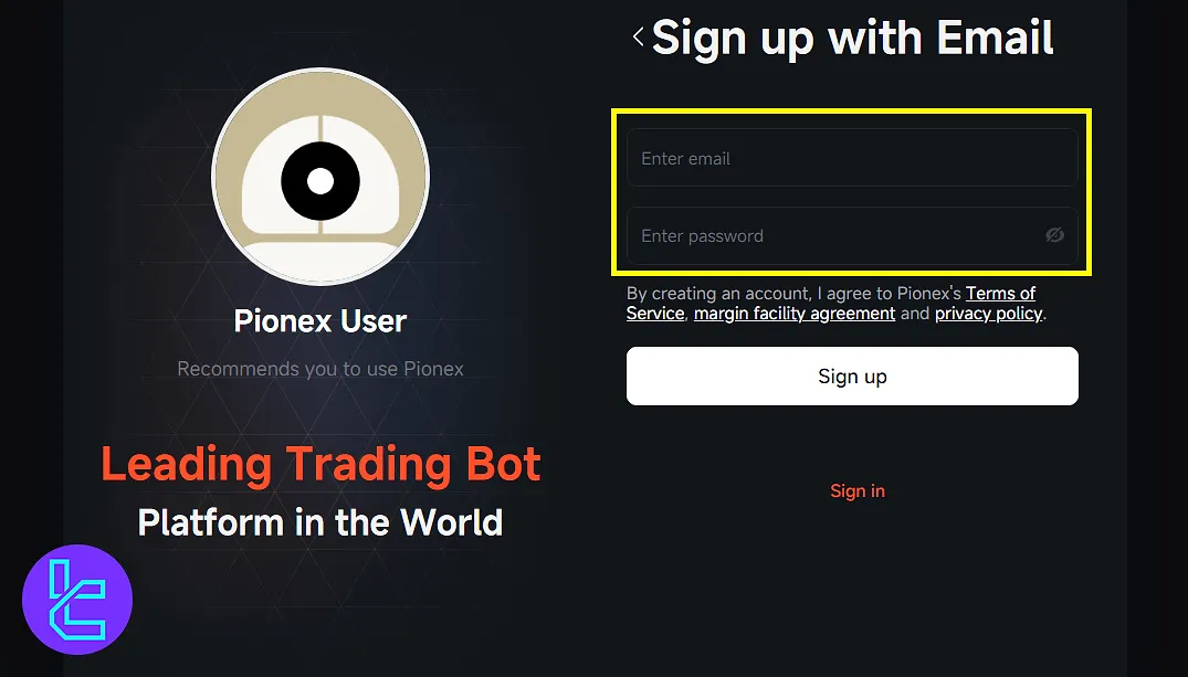 Enter email and password on Pionex signup