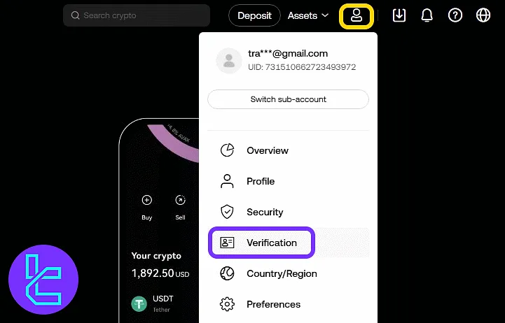 OKX account menu showing identity confirmation option under avatar
