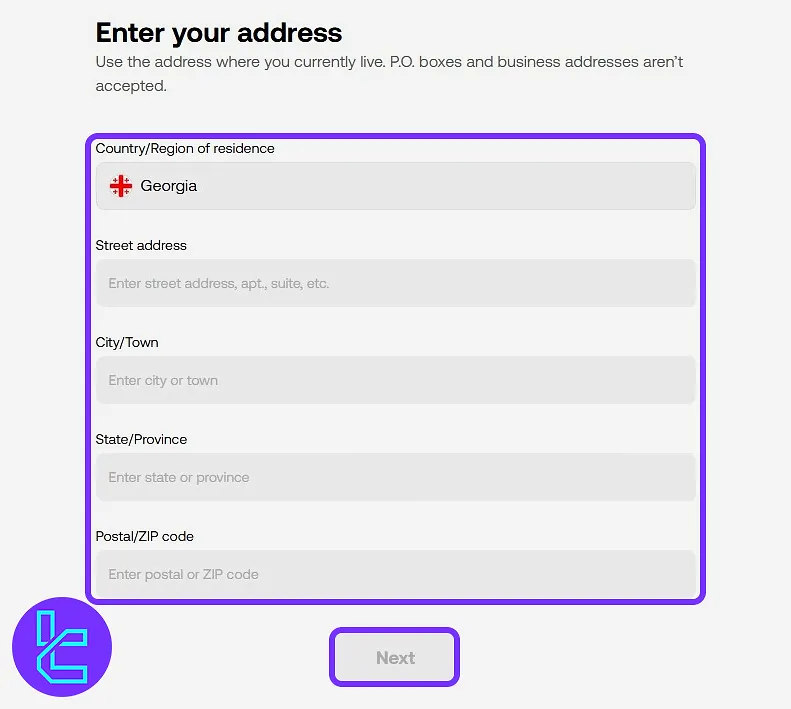 Address form for the OKX identity confirmation process