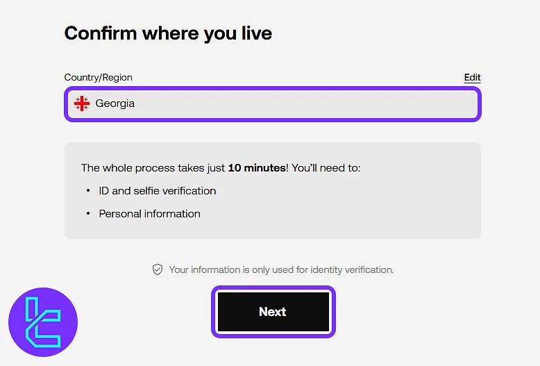 Country selection screen for identity check on OKX