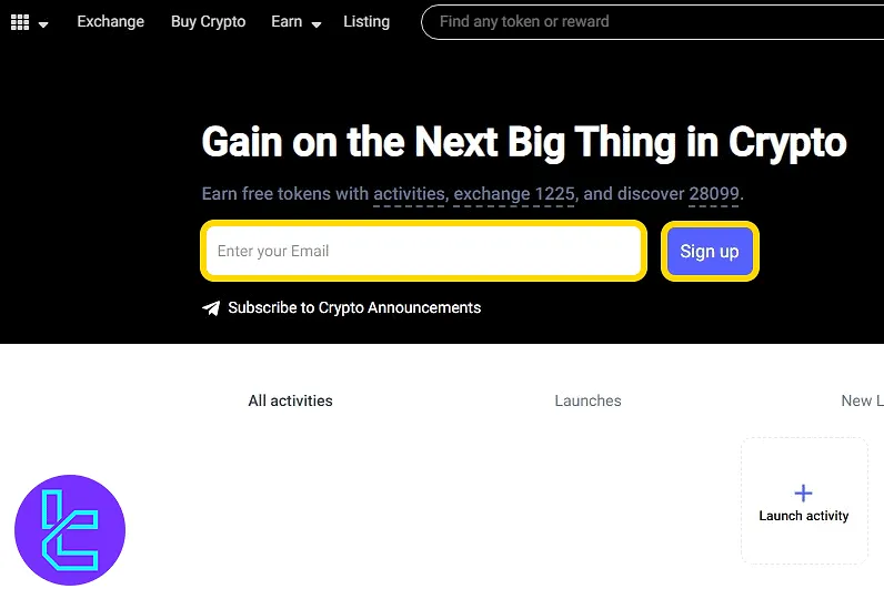 LATOKEN homepage featuring email input field and the Sign Up button