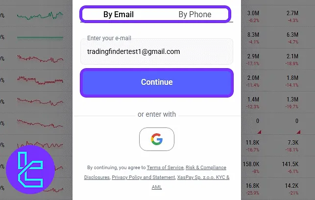LATOKEN sign-up screen with email option and Google login button