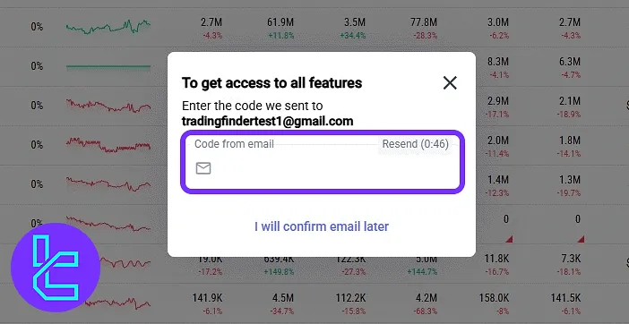 LATOKEN email verification screen with code input to complete the account setup process