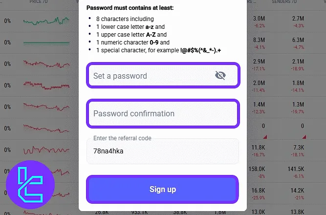 LATOKEN password setup screen showing rule guidelines in the sign-up process