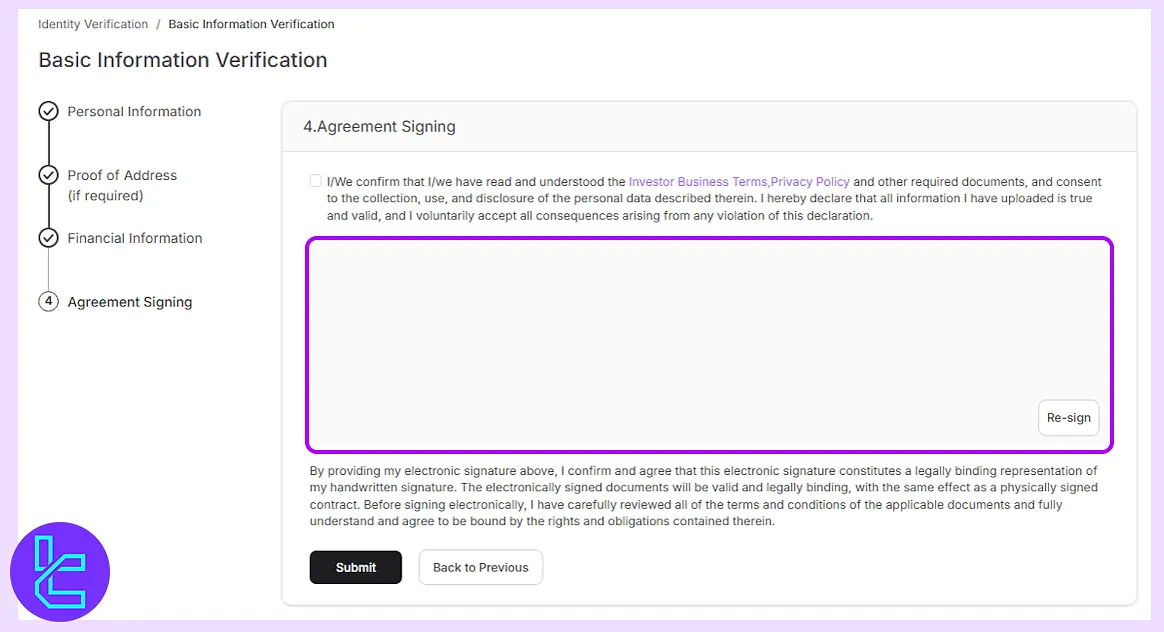Digital signature submission screen for completing Hashkey KYC