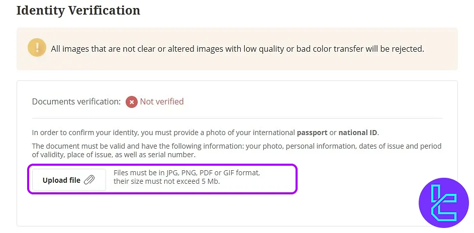 Upload passport or national ID card for xChief KYC