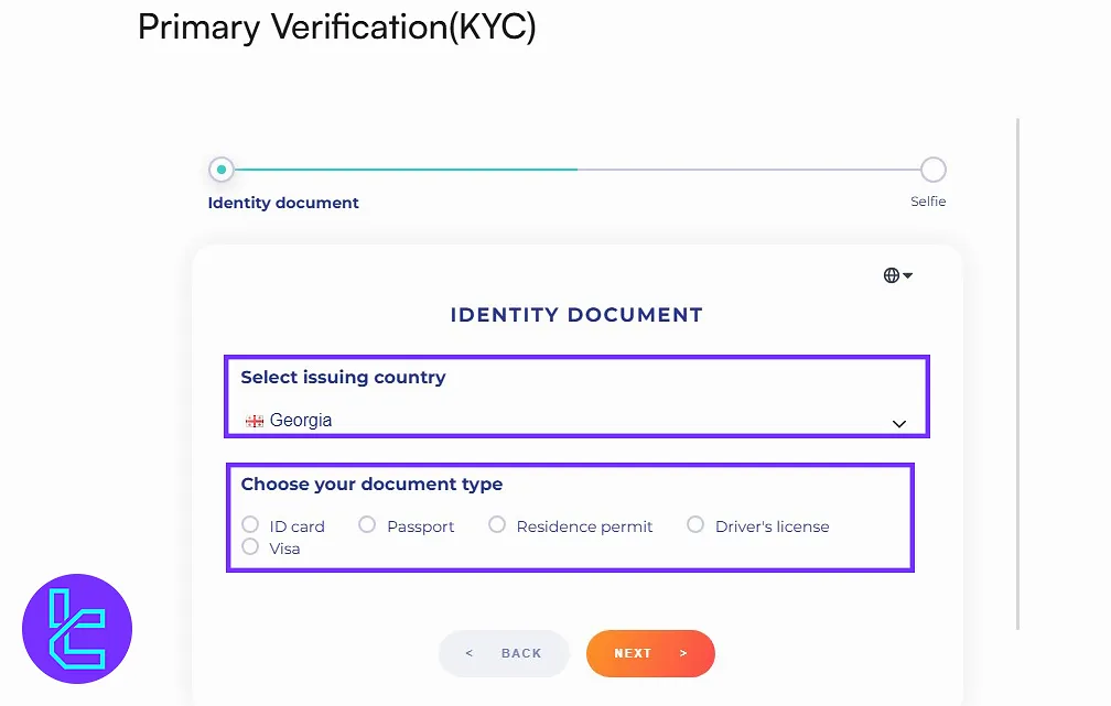 Selecting KYC document type and the issuing country on CoinW