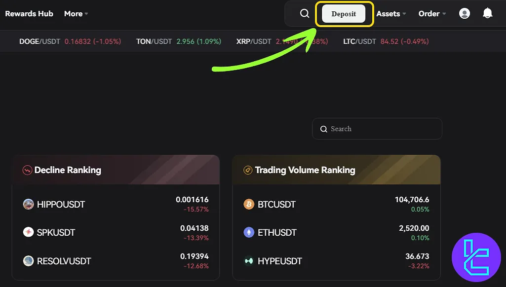 Toobit Tether TRC20 cash in section