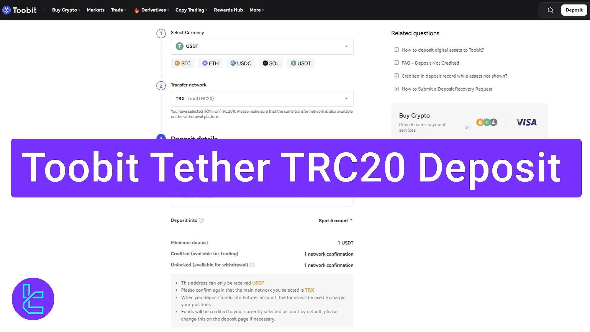Toobit Tether TRC20 Deposit 2026 – Minimum Amount $1