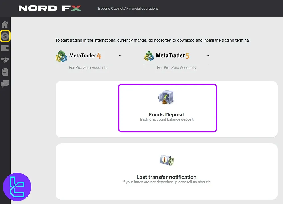 Login and NordFX Tether TRC20 cash in menu