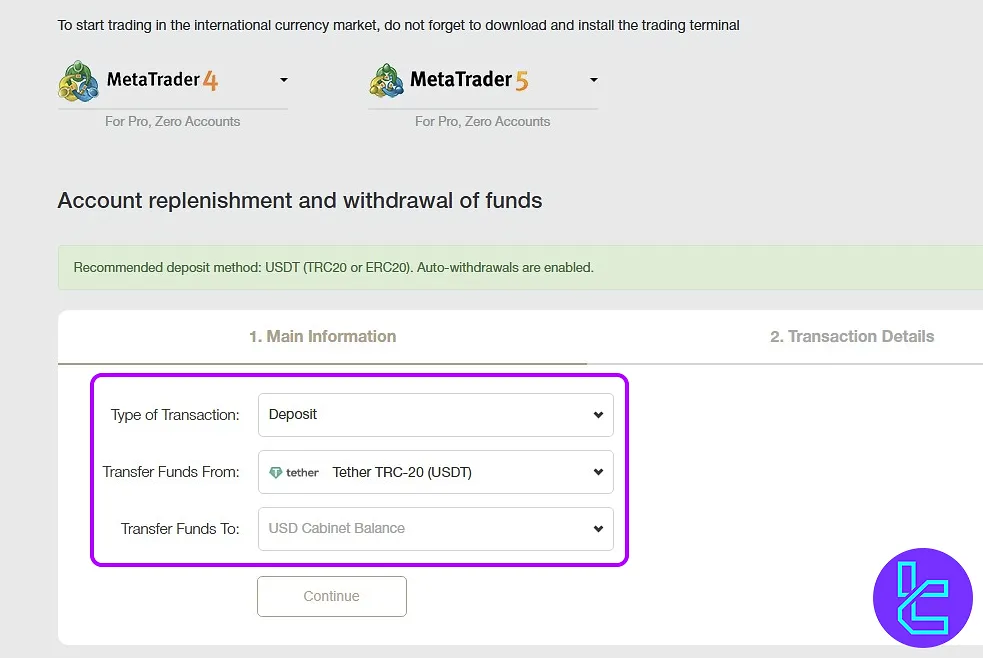 NordFX Tether TRC20 cash in setup