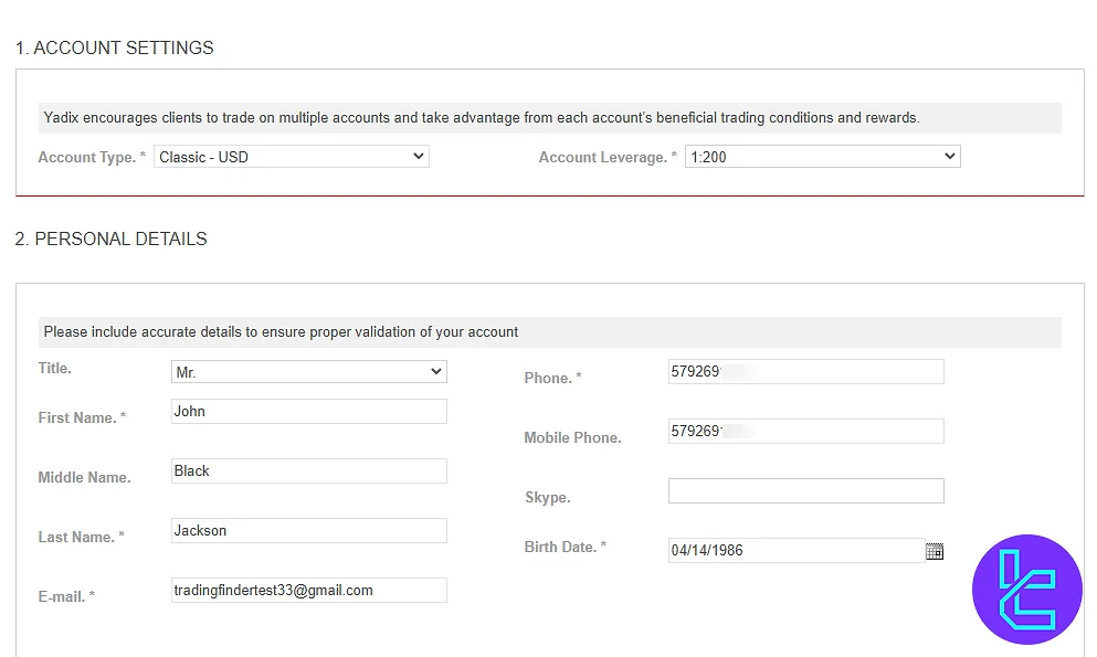Yadix broker sign up form