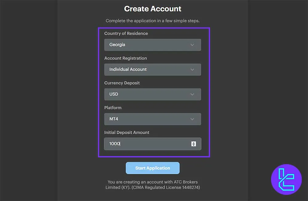 Selecting country, account type, and deposit amount on the ATC Brokers signup page