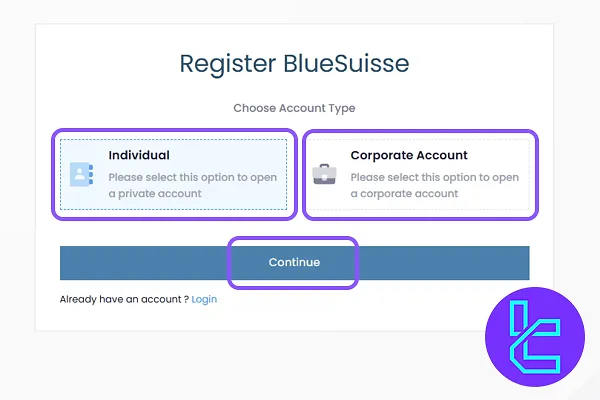Choose your account in the Blue Suisse sign-up process