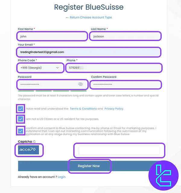 Complete the Blue Suisse broker sign-up form with your email and a strong password