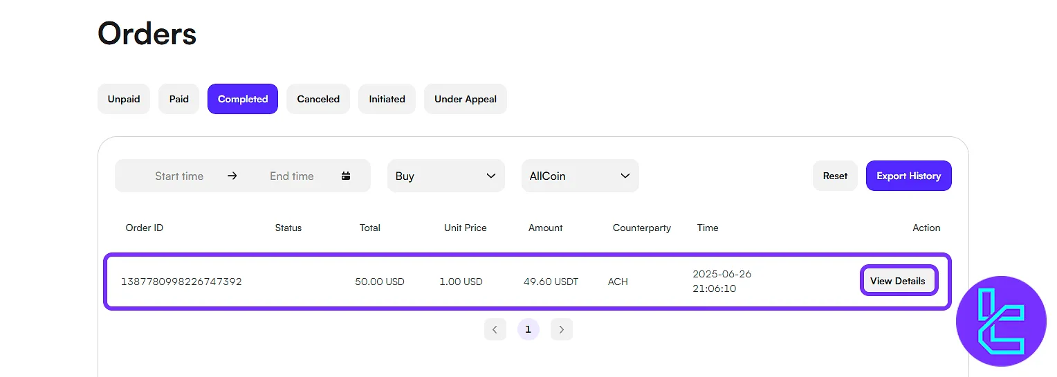 CoinW order history showing successful card-based crypto funding