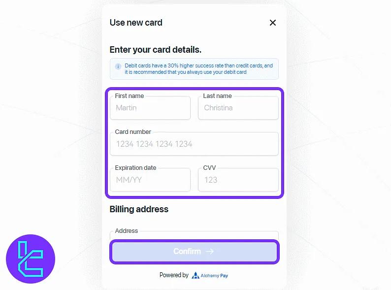 CoinW payment form with card and billing fields