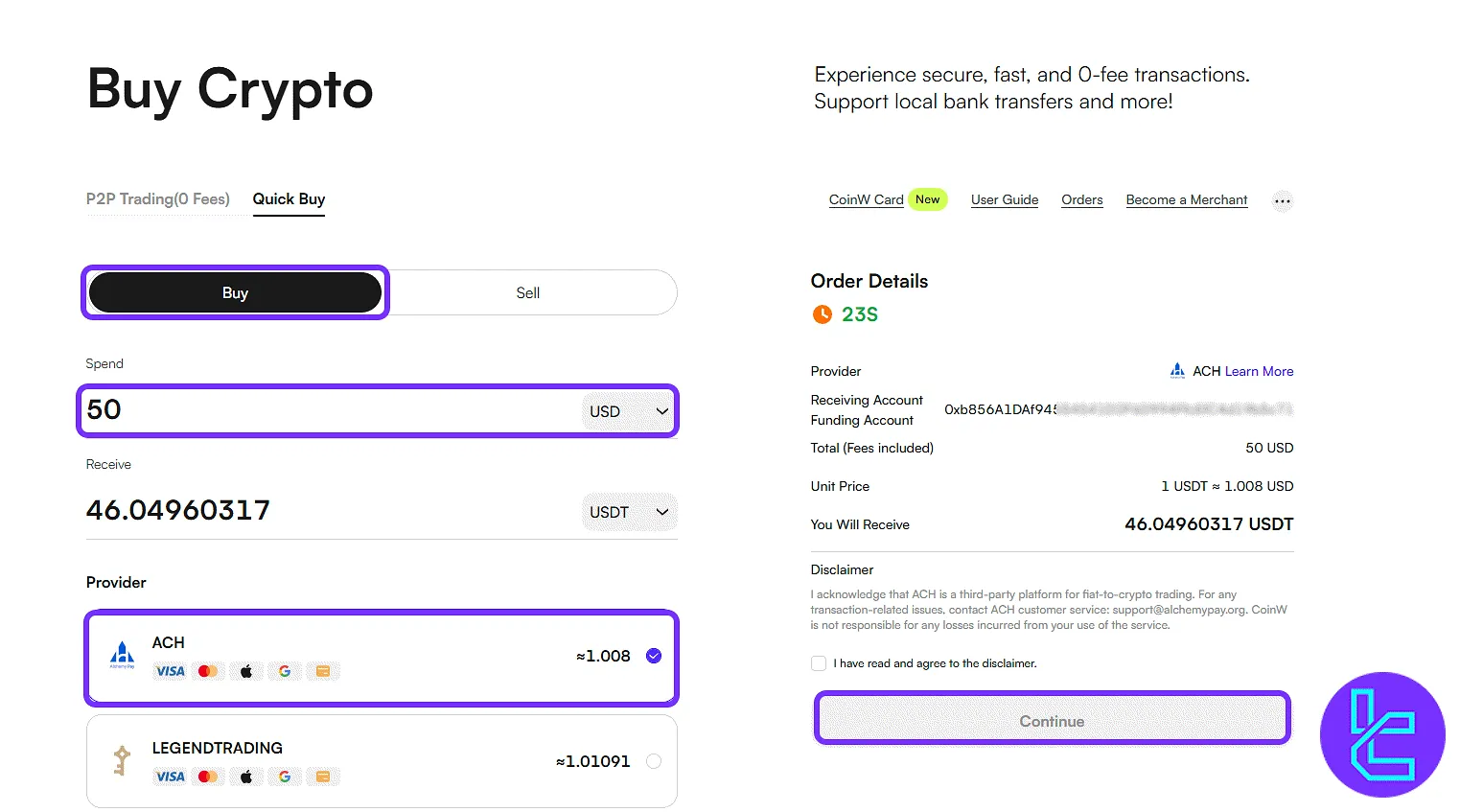 CoinW payment interface with card provider selection and terms box