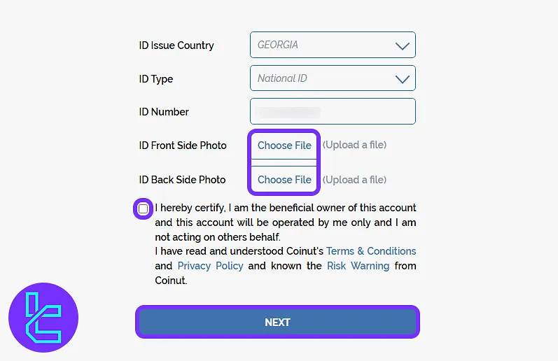 Document upload screen for ID identity confirmation in Coinut