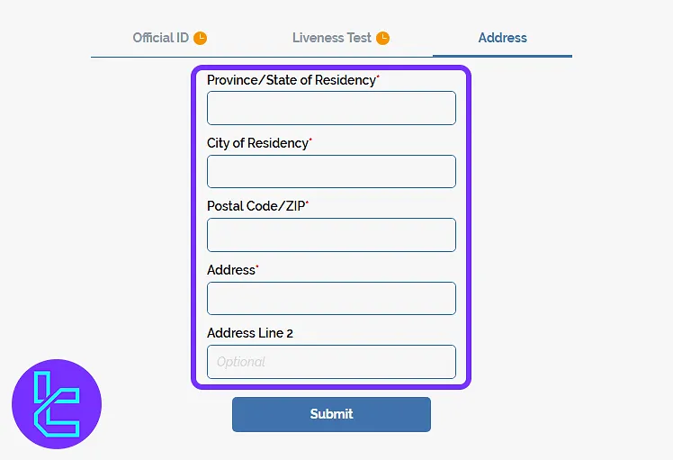 Address form page in the Coinut KYC process