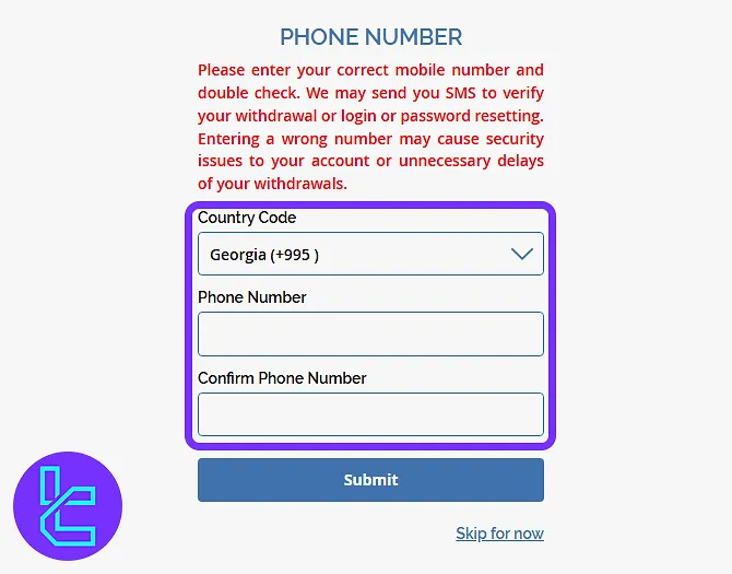 Phone number entry page with dropdown and fields in the Coinut KYC process