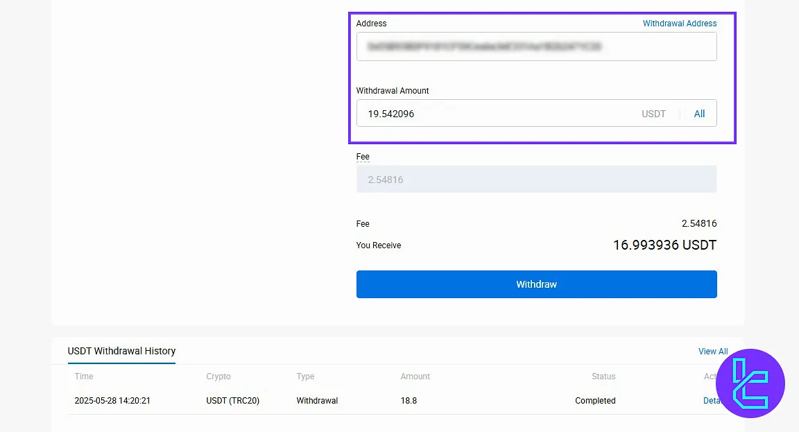 Inserting the Tether ERC20 wallet and the amount on the HTX withdrawal