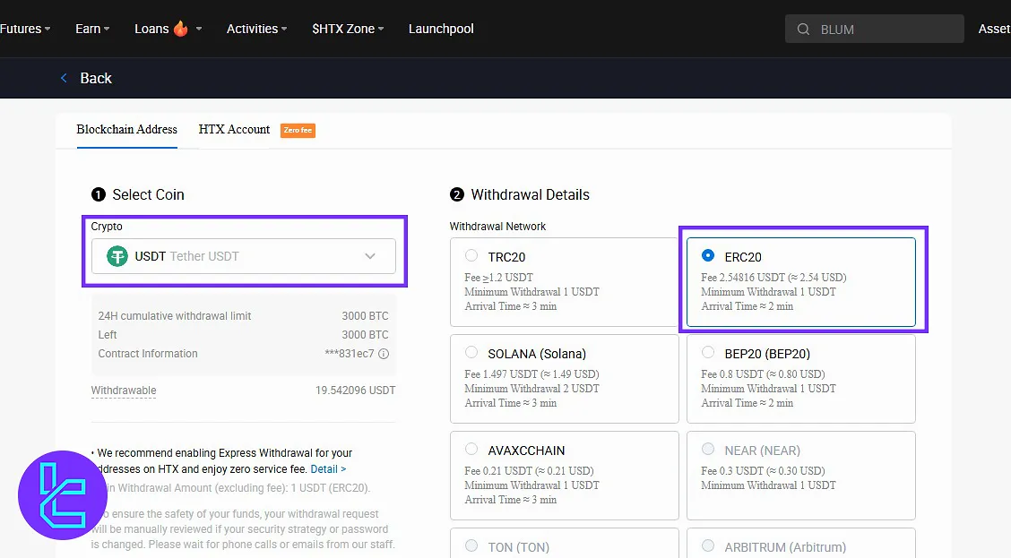 HTX Tether ERC20 withdrawal ERC-20 network fee