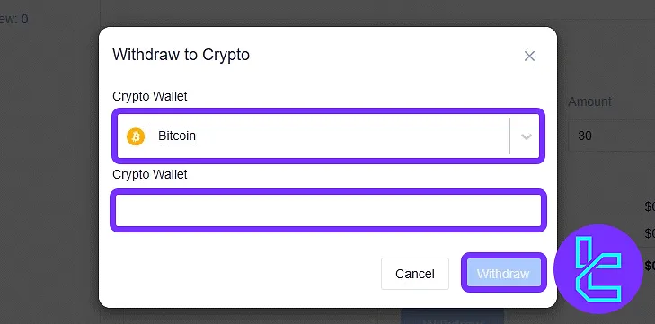 Selecting Bitcoin as crypto asset in NAGA withdrawal interface