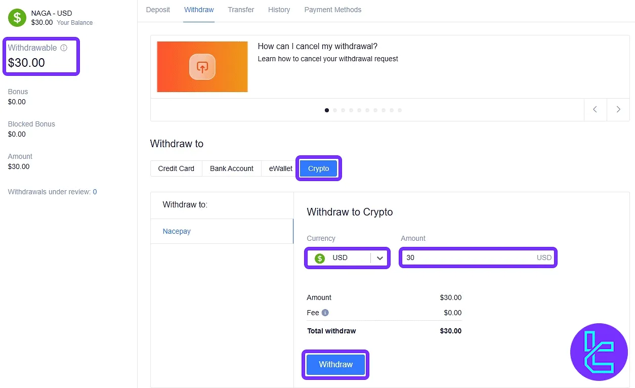 Selecting the crypto payout method and BTC wallet in NAGA