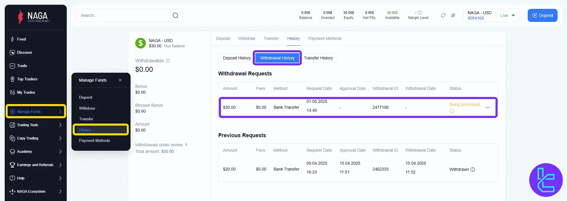 Reviewing Bitcoin transfer records in the NAGA dashboard