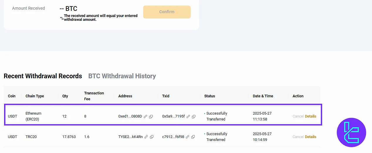 ByBit USDT ERC20 withdrawal transaction history
