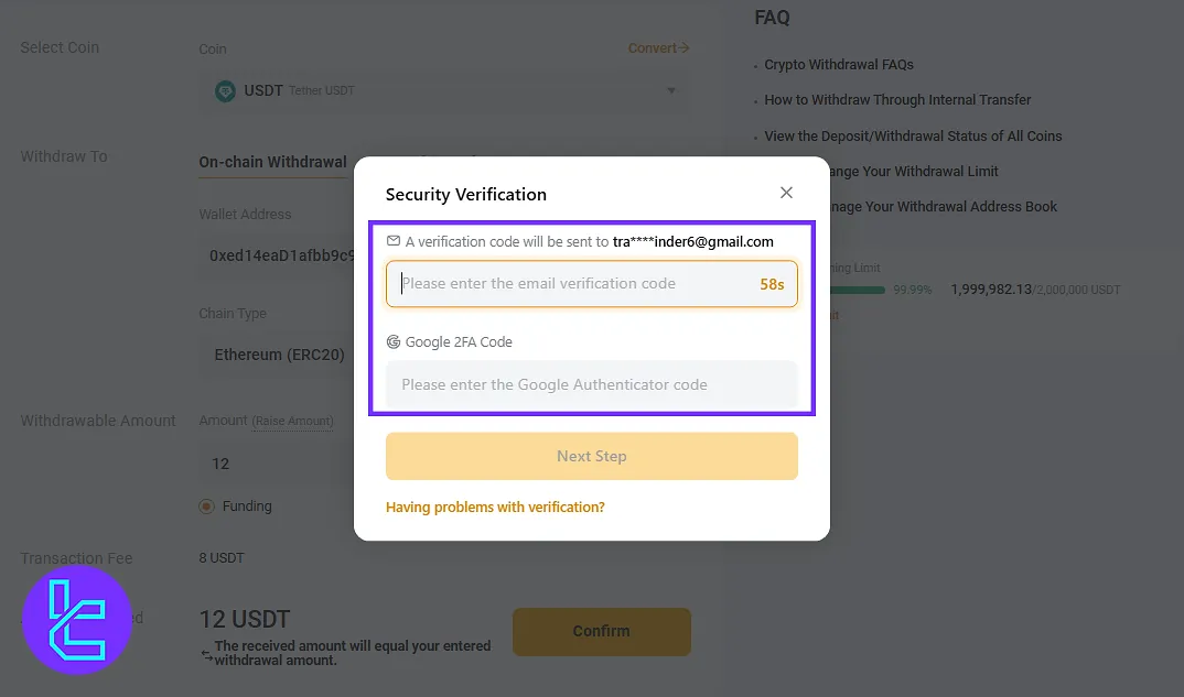 ByBit Tether ERC20 withdrawal email and 2FA codes