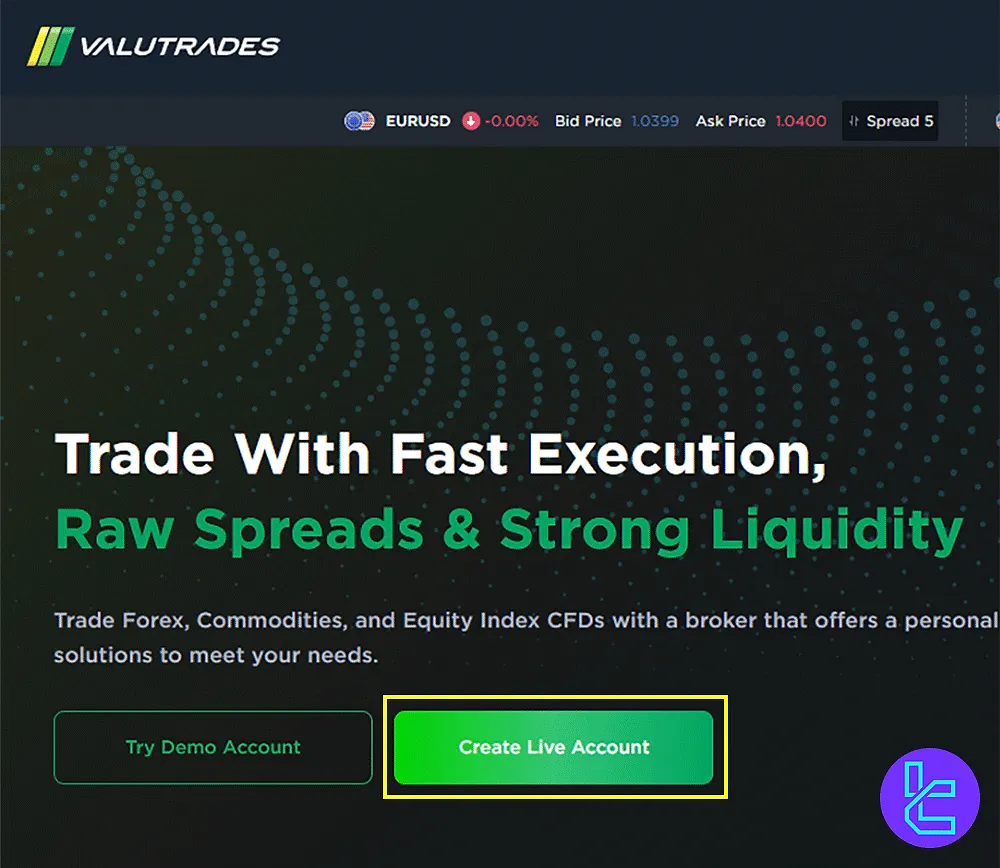 Valutrades sign up button