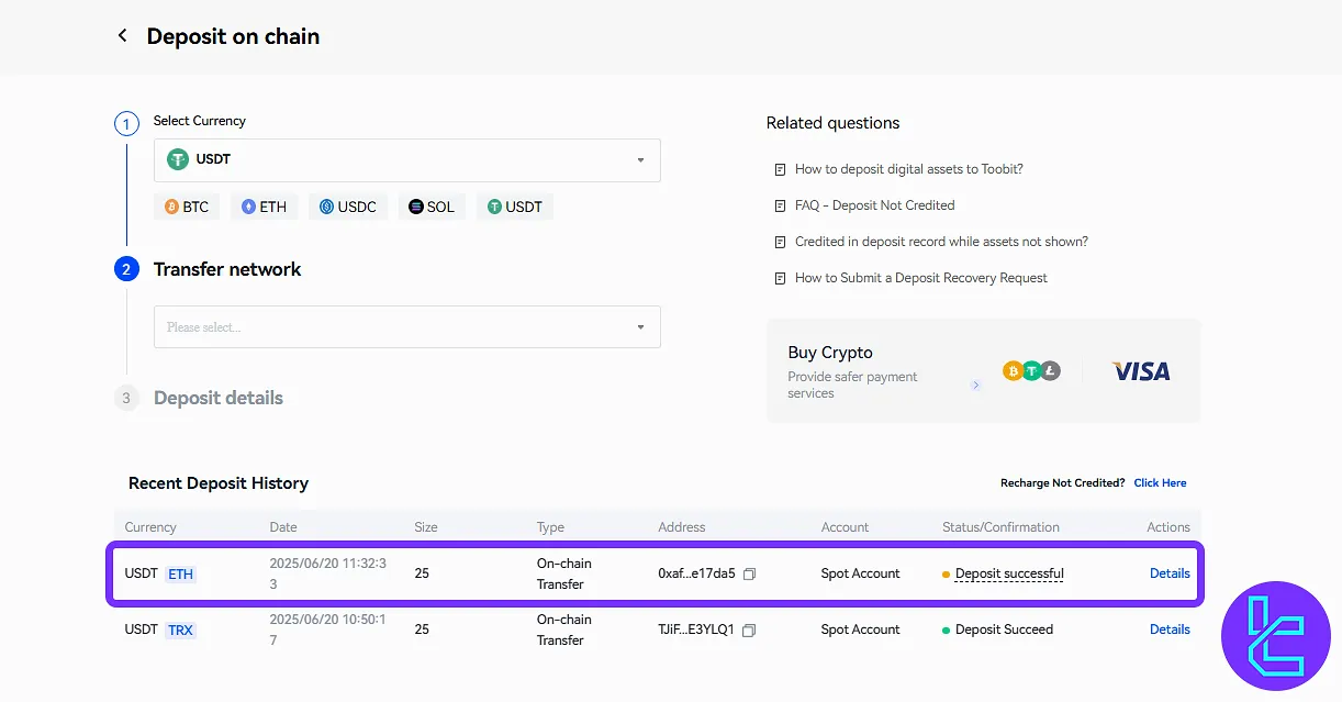 Toobit Tether ERC20 funding history
