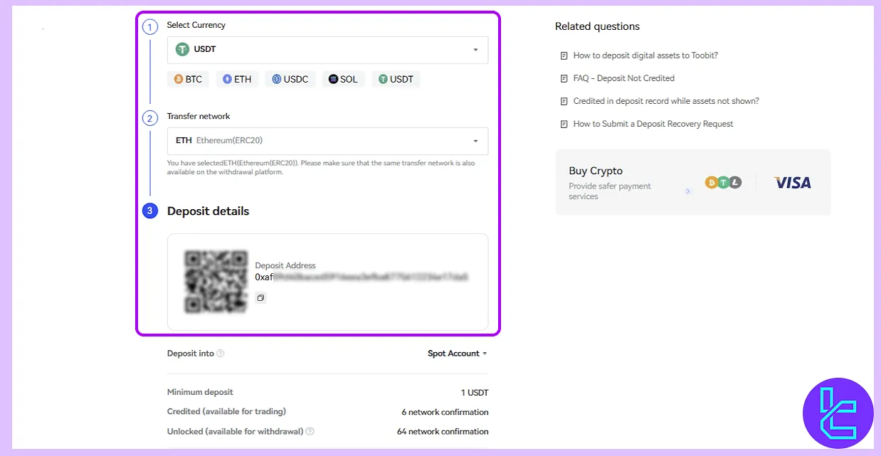 Toobit Tether ERC20 deposit setup