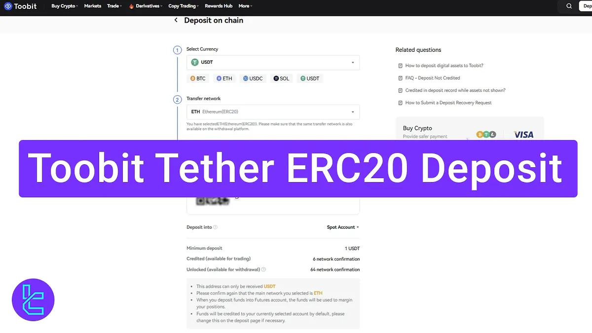 Toobit Tether ERC20 Deposit 2025 [Minimum Funding Amount $1]