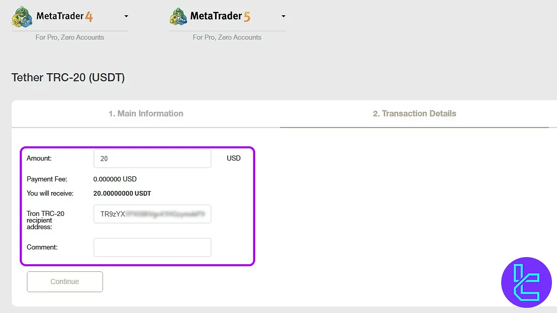 Enter wallet details and amount for NordFX Tether TRC20 withdrawal