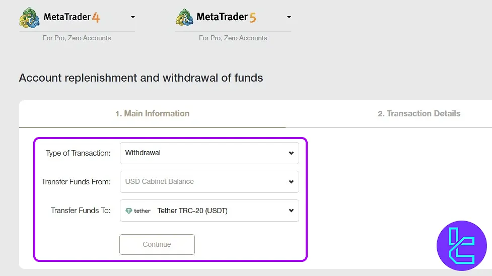Access NordFX USDT TRC20 withdrawal section