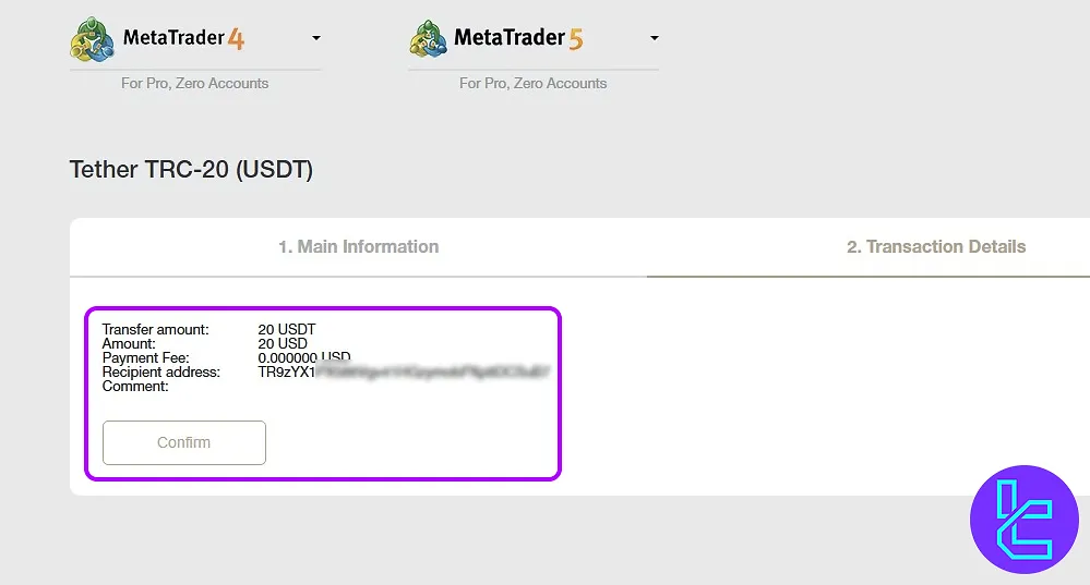 Final step to confirm NordFX Tether TRC20 withdrawal