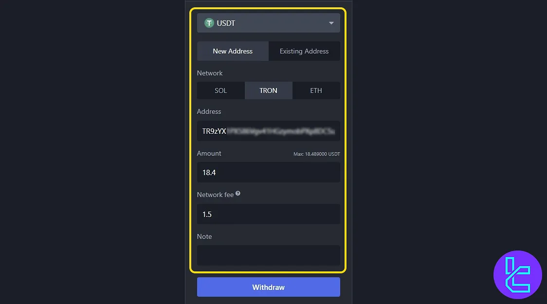 BitMEX USDT TRC20 withdrawal form