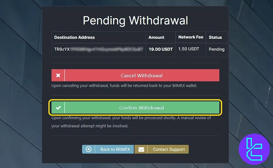 BitMEX USDT TRC20 withdrawal email confirmation