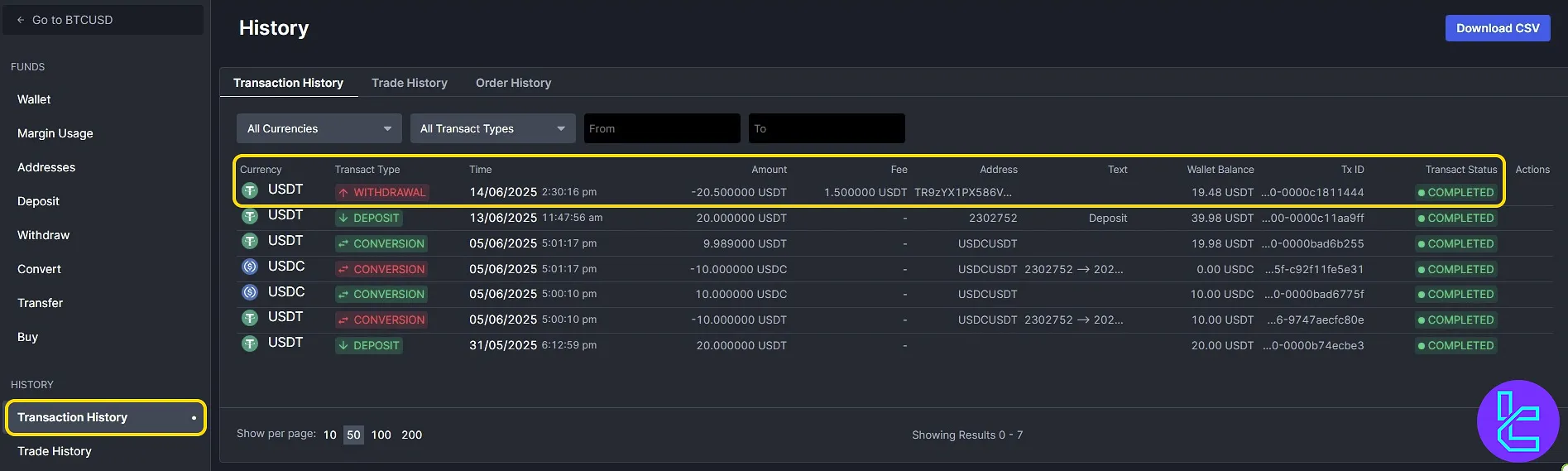 BitMEX USDT TRC20 withdrawal shown in transaction history