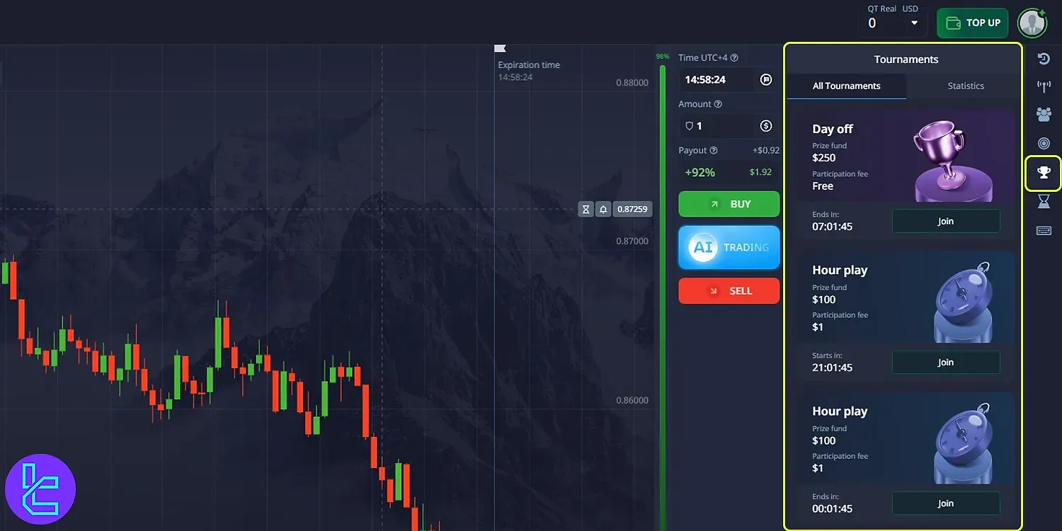 Pocket Option dashboard tournaments tab