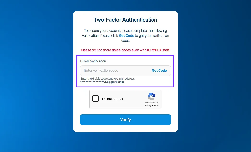 Email code input and verification on ICYPEX