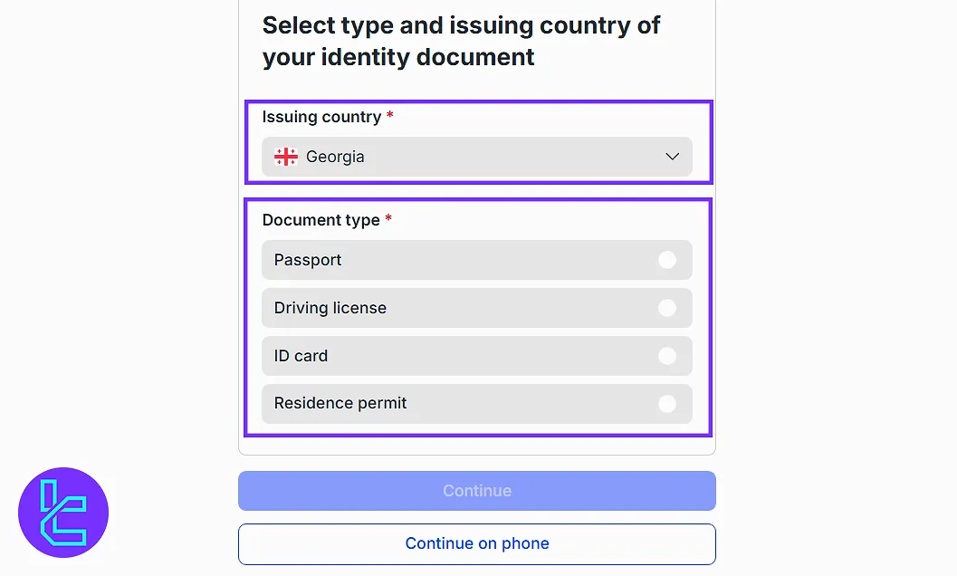 Country and document type selection on Pionex verification