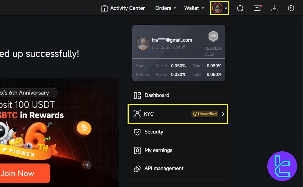 KYC menu navigation on Pionex