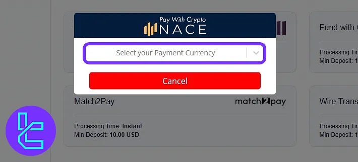 Currency selection screen showing Bitcoin as selected NAGA payment option