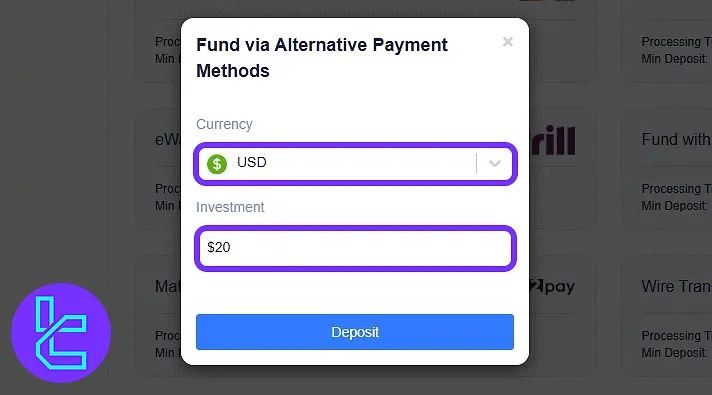 NAGA form for selecting currency and entering payment amount for funding with Bitcoin
