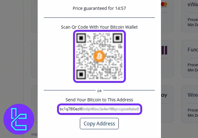 NAGA one-time BTC address and QR code for external crypto transfer